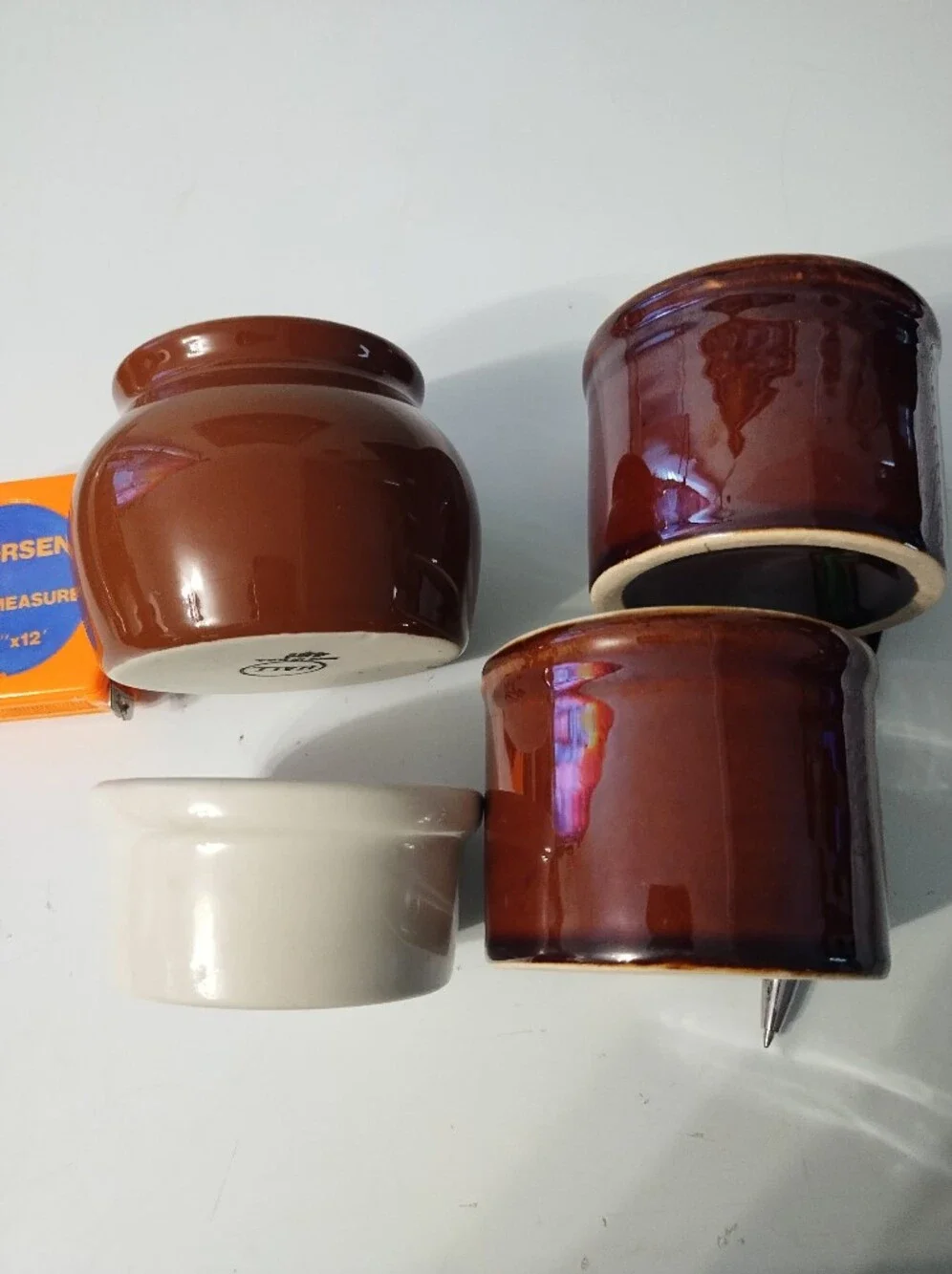 Vintage Hall China Brown and Cream Ceramic Crock, Bean Pot And Ramekin Set